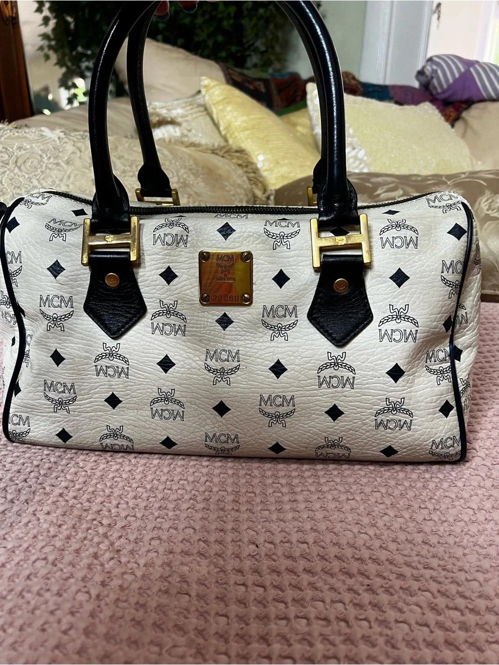 MCM Vintage White Visetos Boston Satchel Bag Navy Leather Gold Hardware
